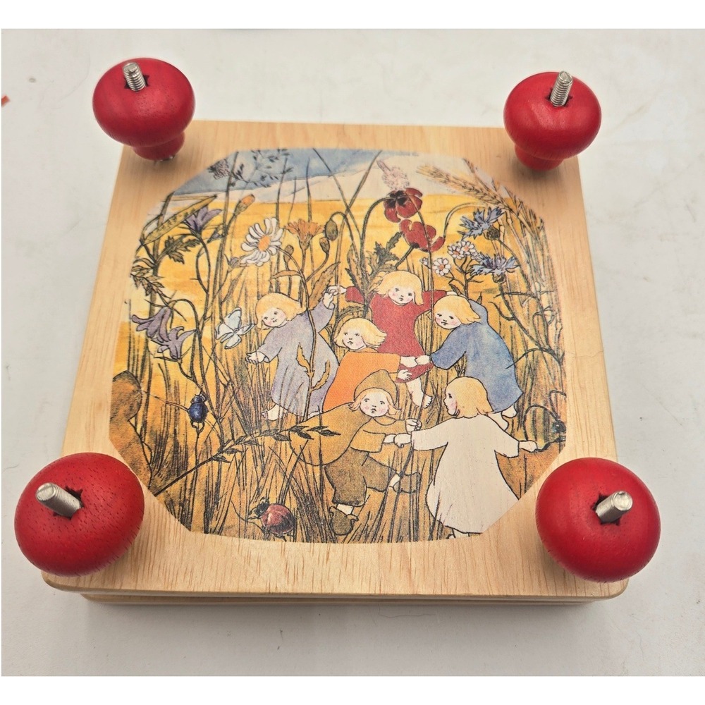 Vintage Style Wooden Flower Press Children Meadow Illustration Red Knobs 6x6